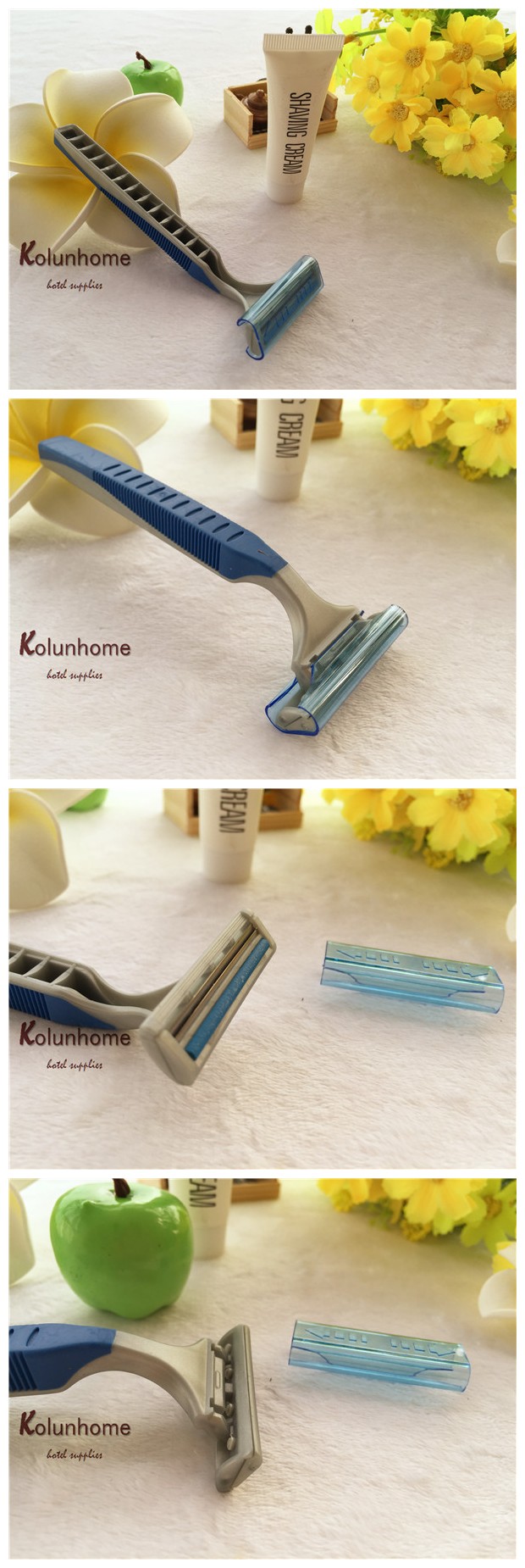 Rubber handle guestroom shaving kit